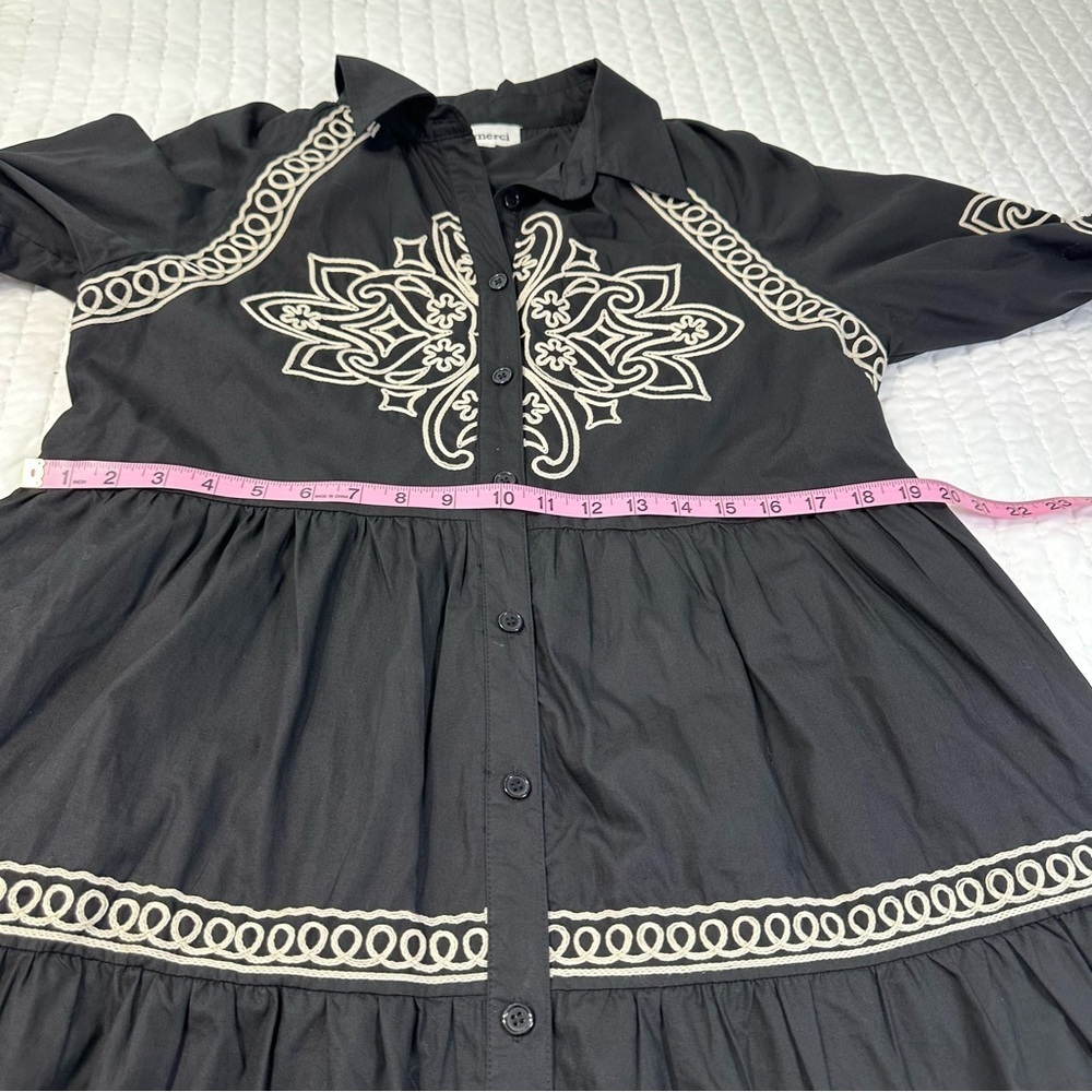 Elegant Button Down Black and Cream Embroidered Long Puff Sleeve Mini Dress - Picture 8 of 16